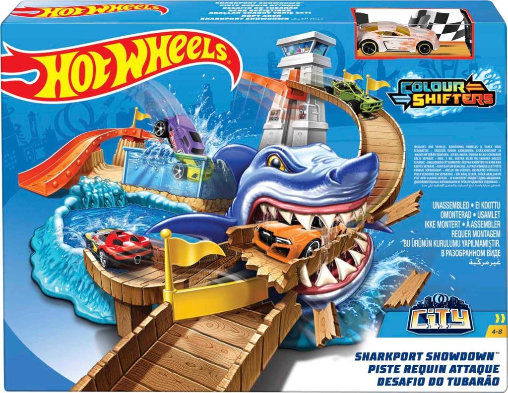 Hot Wheels Игровой набор Color Shifters Biting Shark для детей 1 года и BGK04 [Включает мини-машину] [4 шт.]