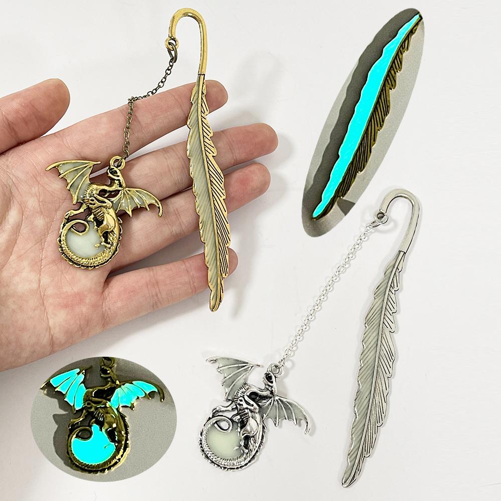 Vintage Feather Dragon Metal Bookmarks Unique Luminous Dragon Pendant Charms for Book Lovers Cool Bookmark Gifts School Supplies