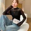 [Weuiean] ladies See-through high neck pullover tops long sleeve cut and sew tulle stretch Transparency SCWS-55 (black, M)