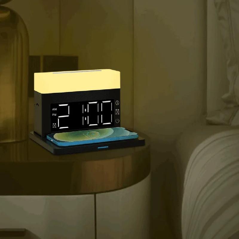 Док-станция для быстрого беспроводного зарядного устройства 6 в 1, 15 Вт для iPhone 14 13 AirPods IWatch Samsung с будильником, красочные светодиодные настольные лампы