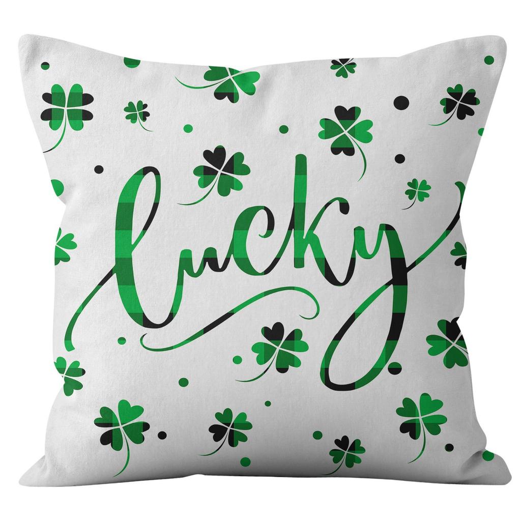 Home Cushion Cover St. Patrick's Day Pillowcase Four-leaf Clover Plaid Sofa Cushion Cover