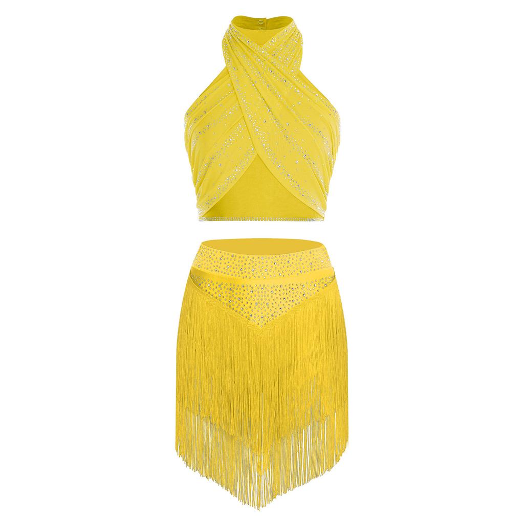 Womens Chacha Salsa Dance Outfit Halter Sleeveless Backless Shiny Ruched Crop Top Tiered Tassels Skirt Built In Shorts