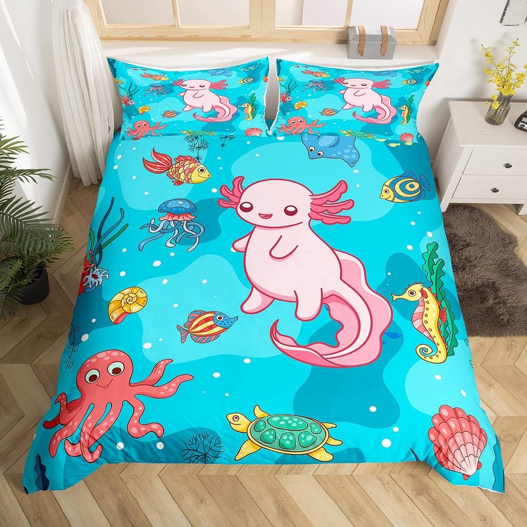 Мультяшный аксолотль Комплект пододеяльника King/Queen Size Детский Для девочек Мальчиков Милый Радужный Морская дикая природа Животное Рептилия Комплект постельного белья