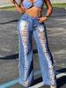 Rose Beauty A Y2K Street High Waist Slant Pocket Distressed Frayed Cut Out Ripped Raw Trim Wide Leg Jeans