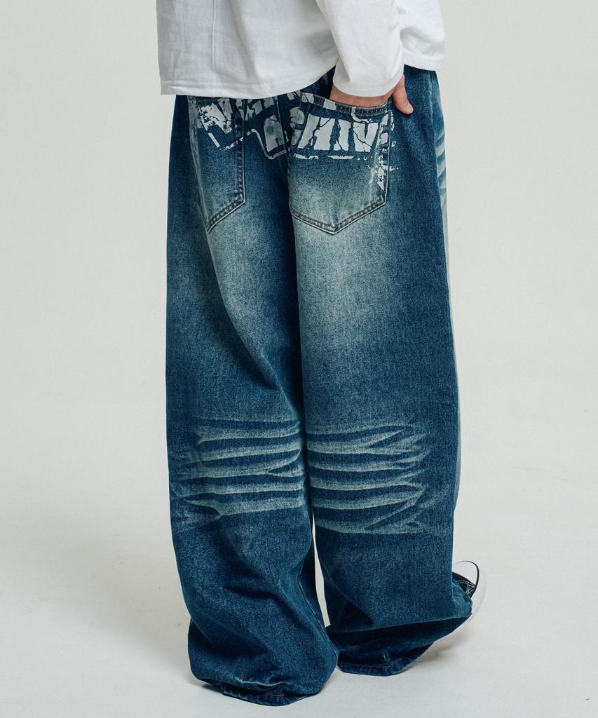 VENHIT Back Hand Printing Wide Denim Pants