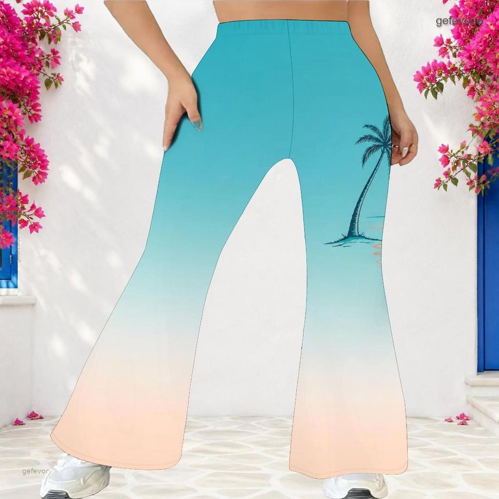 Women Plus Size High Waist Full Length Flared Pants Gradient Palm Tree Printed