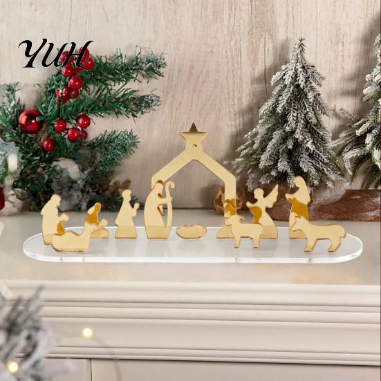 Acrylic Holiday Ornaments Christmas Ornament, Mirrored Golden Silhouette Scene, Decorative Seasonal Home Decor Desktop Display for Living Room