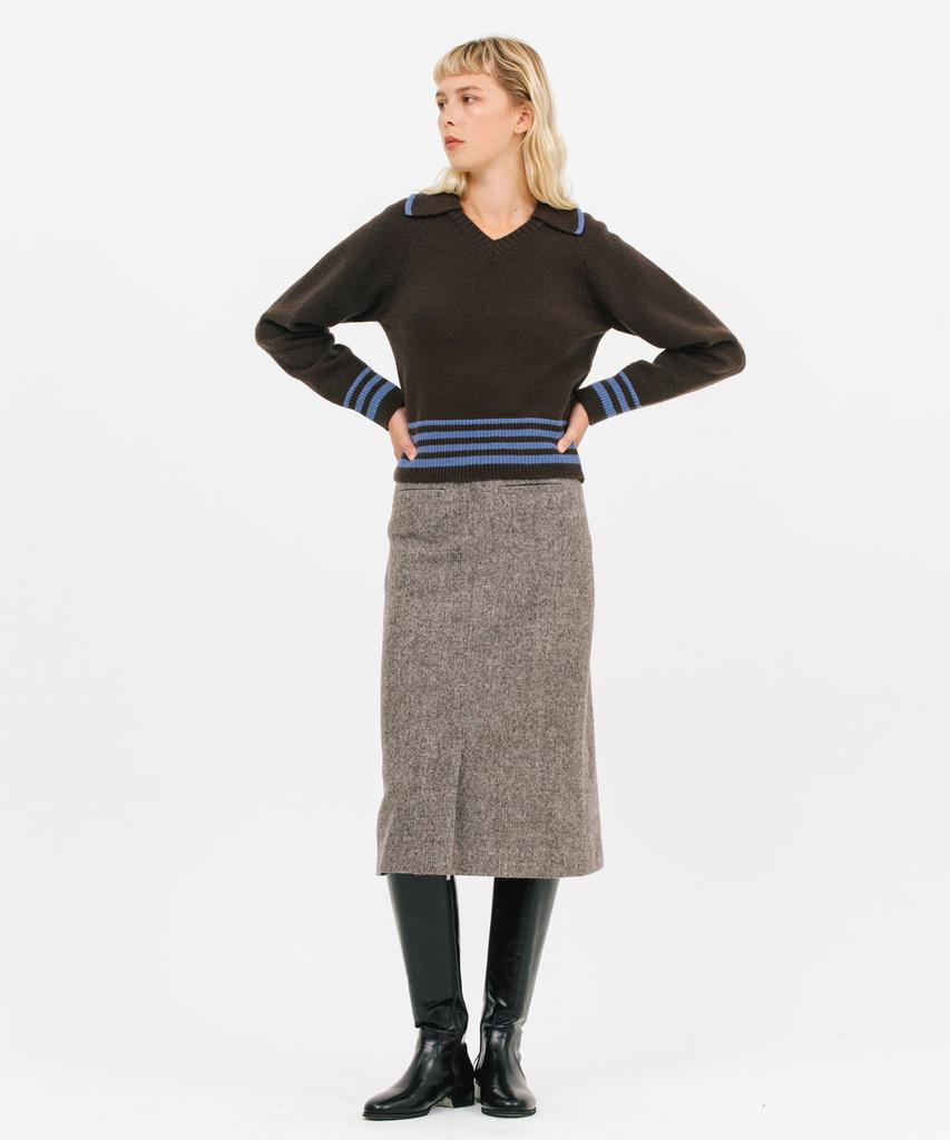 JUN BY JUN K Open Collar Striped Knit_Choco