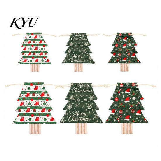 Christmas Tree Shaped Sacks Drawstring Gift Bags, Xmas Hanging Treat Sacks, Reusable Fabric Bags Holiday Candy Small Storage Pouches for Decorations