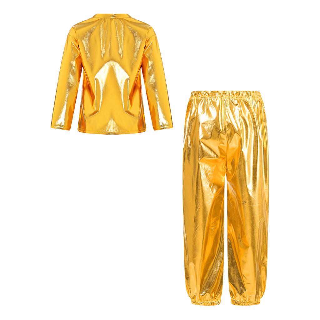 Girls Dance Party Outfit Metallic Shiny Long Sleeve Round Neck T Shirt with Performance Pants Set