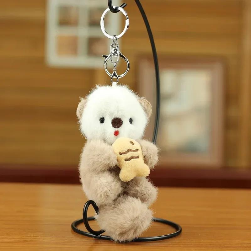 Cute Plush Otters Holding Fish Stylish Backpack Lovely Animal School Bag Key Wallet Pendant Toy Student Gift Bag Charm
