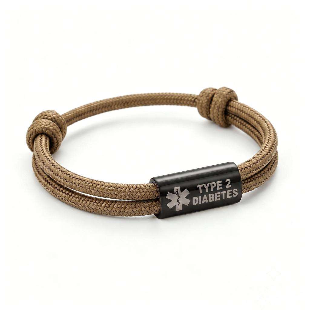 Type 2 Diabetes Bracelet Stainless Steel Engraved Bar Double Braided Nylon Rope for Men Women