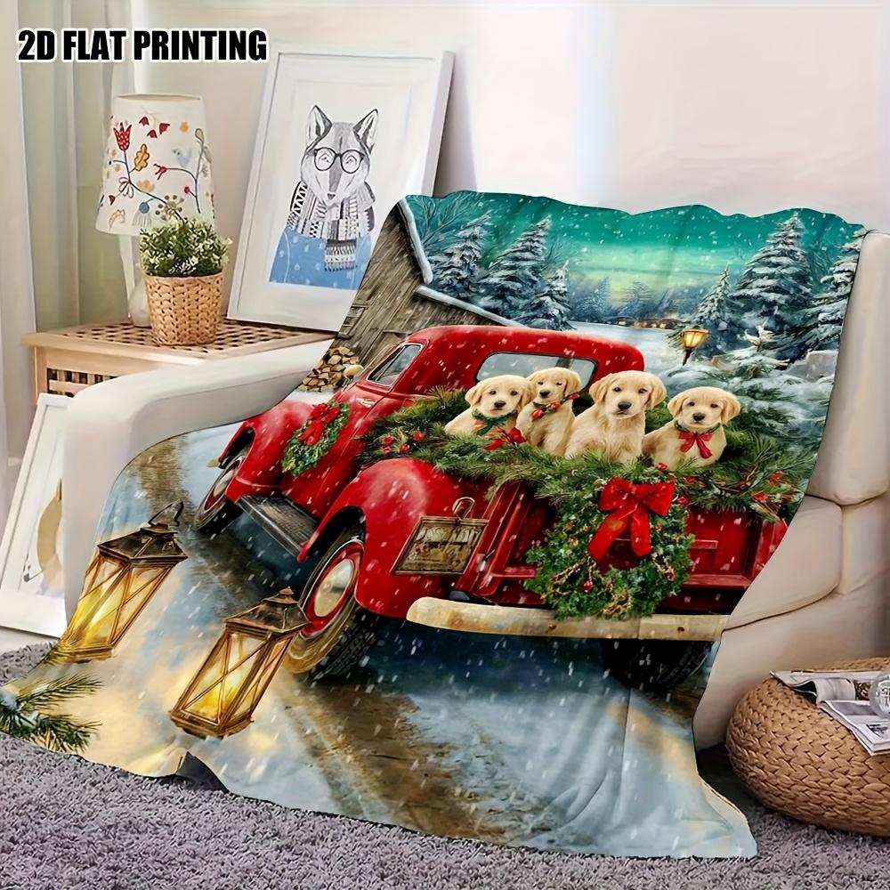 Christmas Red Truck Golden Puppy Flannel Throw Blanket Winter Snow Forest Print Soft Warm Blanket for Holiday Home Decor Dog Lover Gift