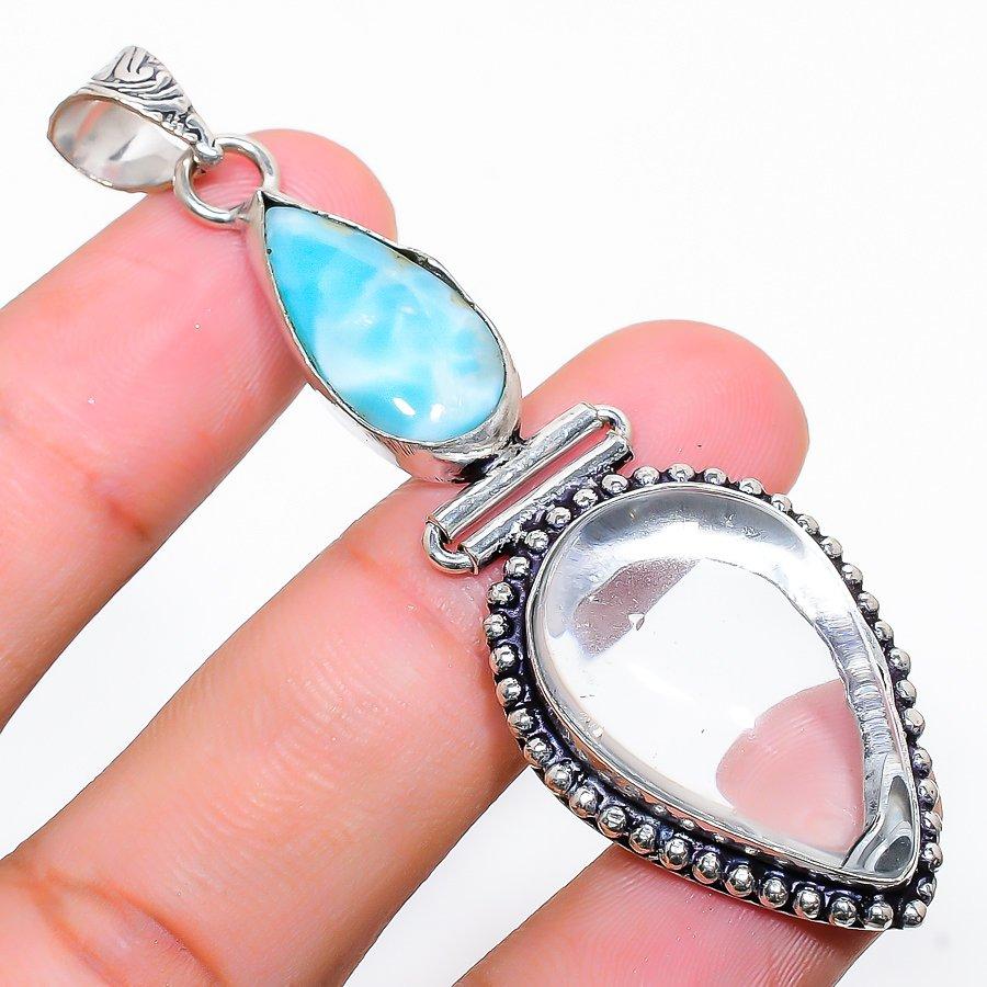White Topaz, Larimar Gemstone Handmade 925 Sterling Silver Jewelry Pendant 2.76"