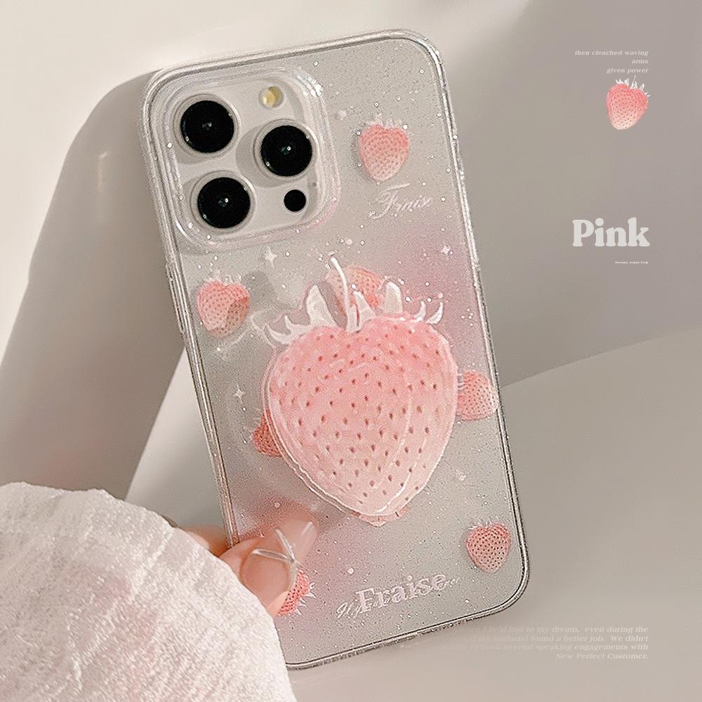 Summer Cream Strawberry Apple 16 Mobile Phone Case 13 Glitter Powder Iphone14promax Suitable for 11 Stand 12