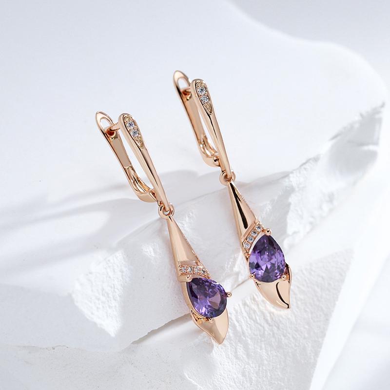 Гладкие золотые серьги-подвески с фиолетовым цирконом для женщин, сверкающие ювелирные изделия, соответствующие аксессуары