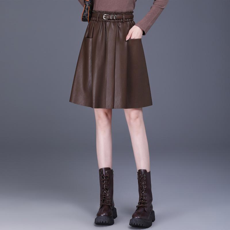 High-Waisted A-Line Leather Skirt for Women, Autumn/Winter, Pleated Lambskin Midi Skirt, Age-Defying & Classic Design