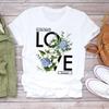 (Asian Size) Women Casual Watercolor Letter Flower Short Sleeve T Shirt Fashion Tee Top Clothing Print Ladies Female Graphic T-shirts
