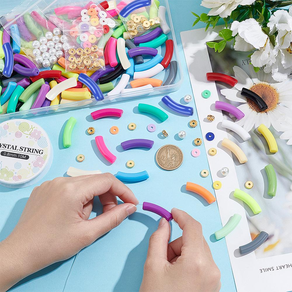 1set Curved Tube Chunky Bracelet Making Kit Including Acrylic & Glass Pearl & Brass & Iron Rhinestone & Polymer Clay Disc Beads Mixed Color