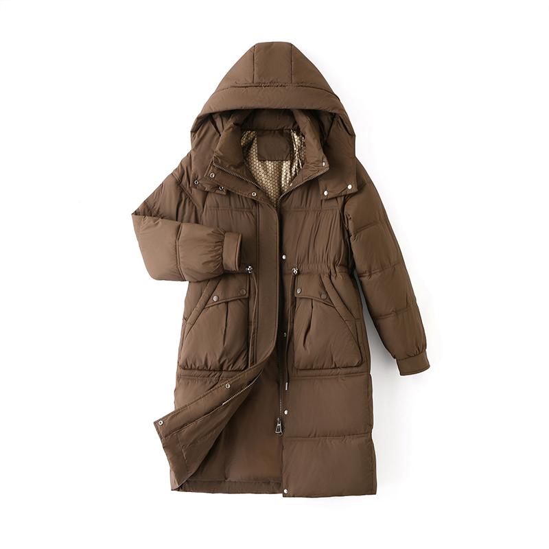 Пальто из хлопка с перьями, женская длинная зимняя утолщенная свободная куртка выше колена с капюшоном