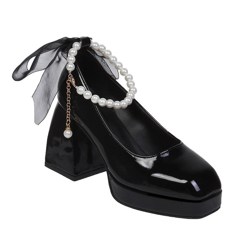 Mary Jane Single Shoe Girl 2025 Spring and Autumn New Fairy Style Design Sense Fashion Pearl Thick Heel with Skirt High Heels