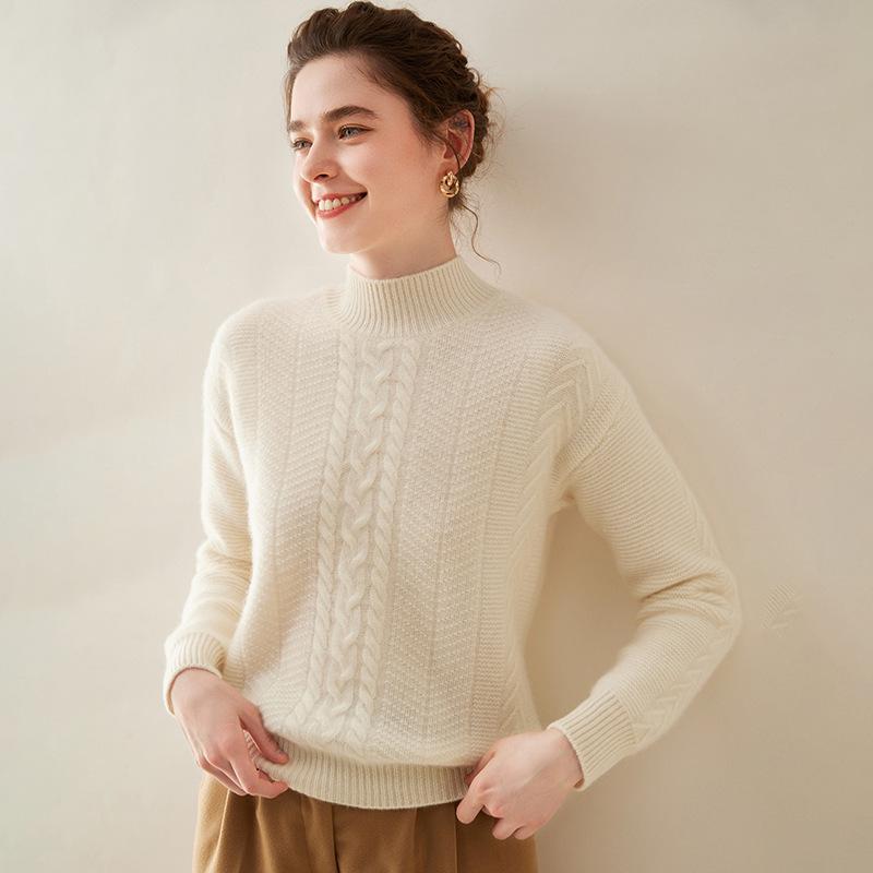Women's Three-Strand Thickened Cashmere Cable Knit Sweater - Half-High Collar, Long Sleeve, Autumn Winter Pullover.