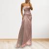Lady Evening Dress Bandeau Off Shoulder Sleeveless Pleated Knot Mesh Patchwork Shiny Sequin Ball Gown Satin Floor Length Banquet Prom Maxi Dress