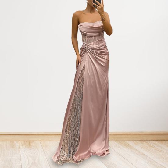 Lady Evening Dress Bandeau Off Shoulder Sleeveless Pleated Knot Mesh Patchwork Shiny Sequin Ball Gown Satin Floor Length Banquet Prom Maxi Dress