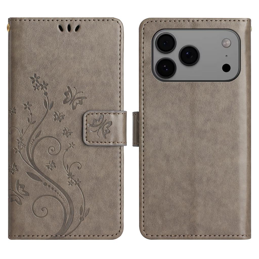 Кожаный чехол-кошелек для iPhone 17 Pro Max с тиснением "Бабочка и цветок" и ремешком