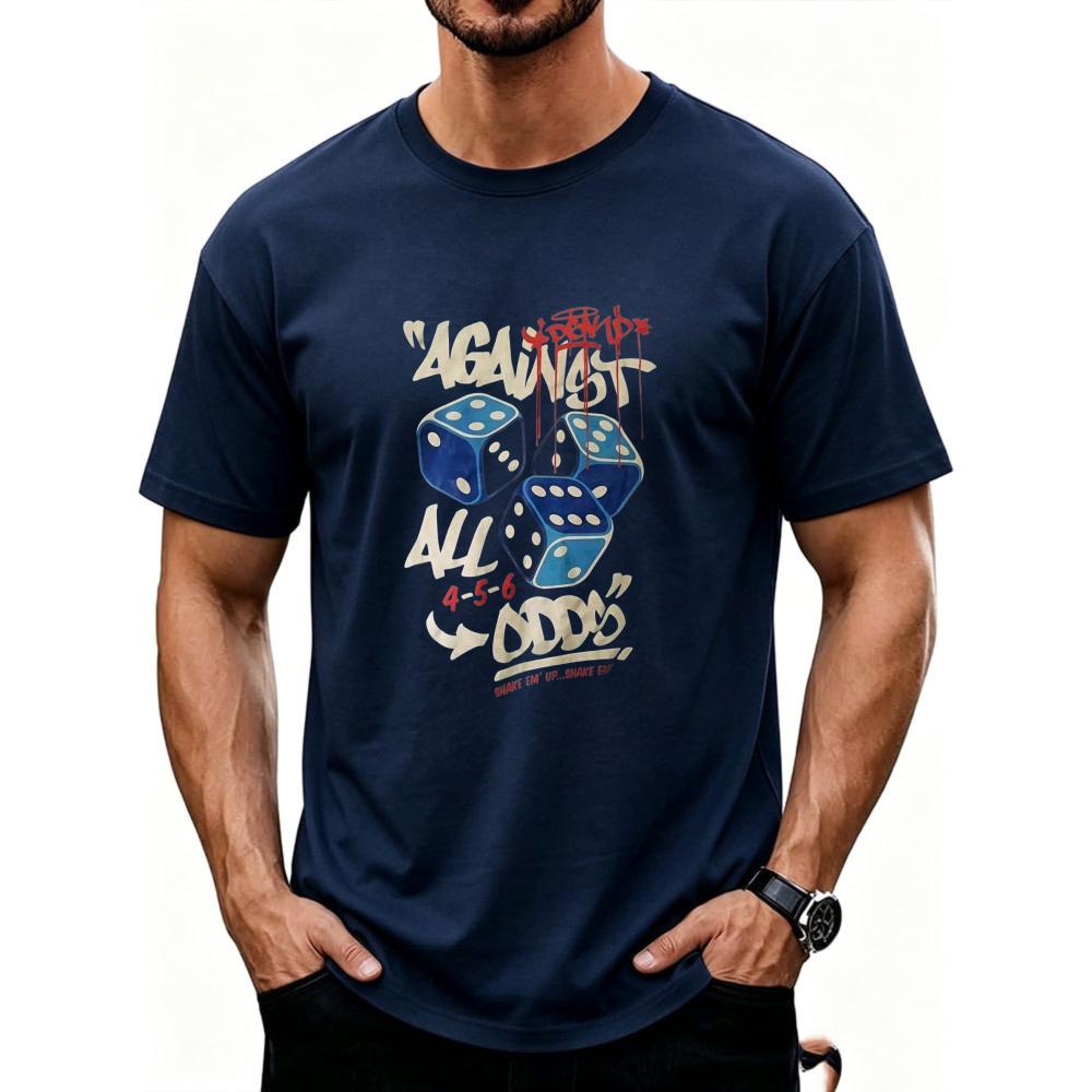 Blood Drip Dice Against All Odds Graffiti Text Cotton T Shirt Print Hip Hop Streetwear Tee Lucky Gamble Theme Casual Daily Gift