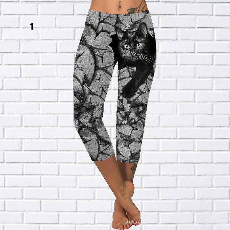 Брюки Летние желтые короткие леггинсы с бабочкой Укороченные узкие брюки Леггинсы больших размеров Женские брюки с маленькой черной кошкой Укороченные брюки для женщин 2022