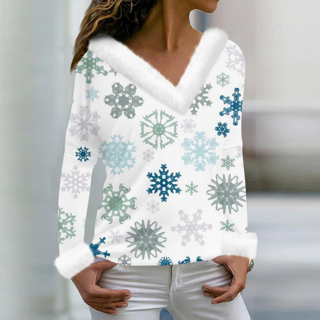 Женская мода повседневная плюшевая кофта с длинным рукавом и V-образным вырезом с рождественским принтом