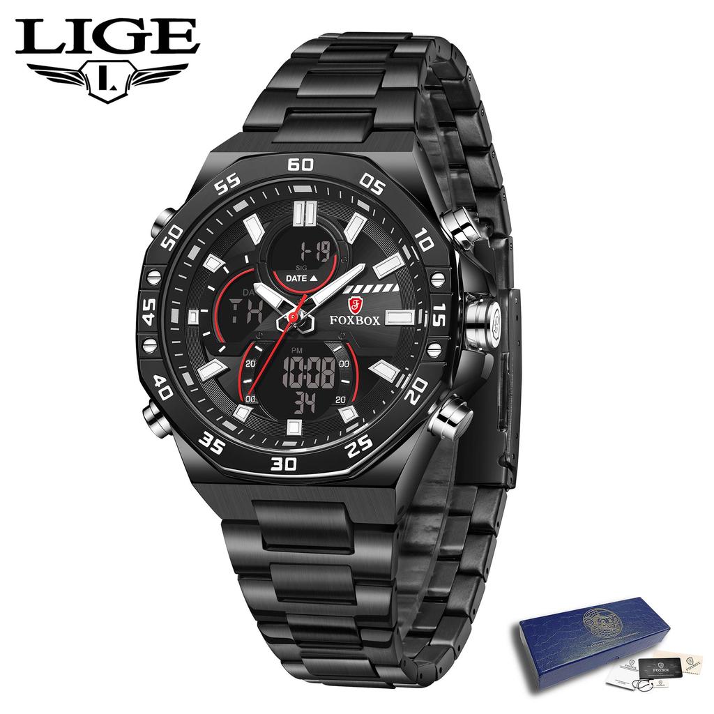 LIGE Лидирующий бренд FOXBOX 2024 Новые полностью стальные мужские часы с цифровым двойным дисплеем, ночником, водонепроницаемые кварцевые часы