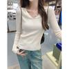 Korean Style Exposed Collarbone Bottoming Slim Fit Polo Lapel Long-sleeved Sweater for Women 2025 Autumn New V-neck Inner Top