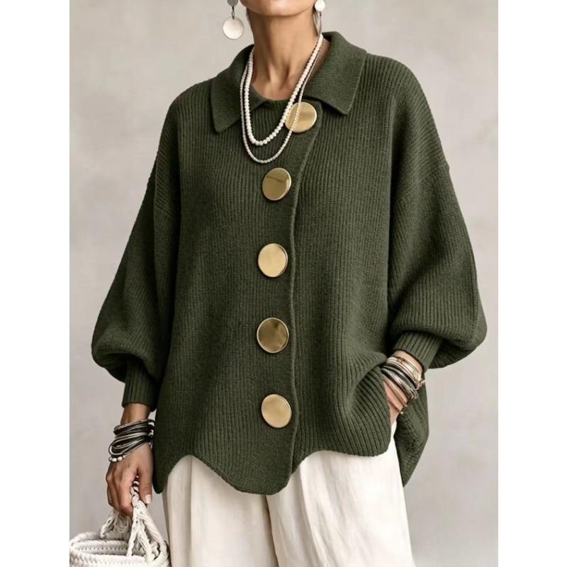Women Turn Down Collar Long Sleeve Thick Knit Sweater Casual Loose Outerwear Top For Ladies