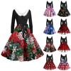 Женская мода с круглым вырезом, повседневные тонкие рождественские платья с длинным рукавом и принтом
