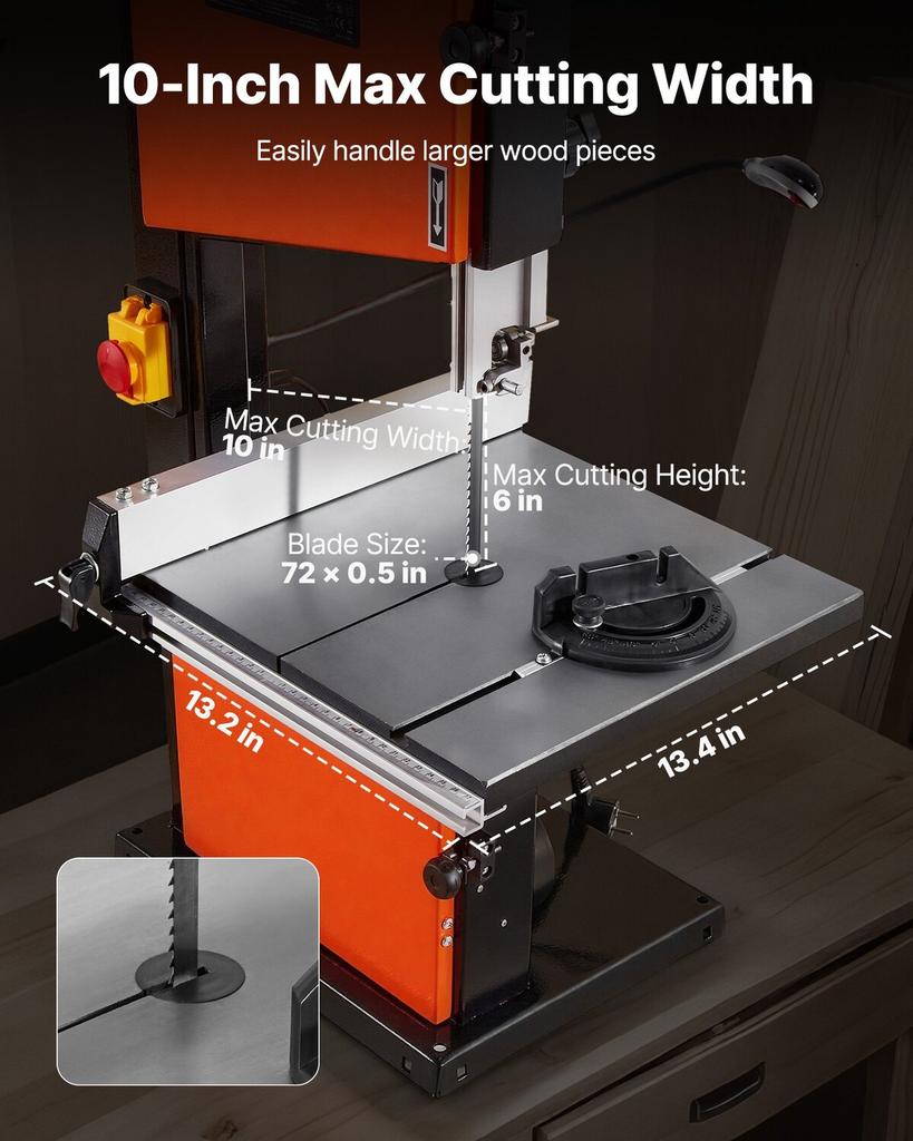 Band Saw, 254 mm, Two-Speed Benchtop Bandsaw with 373W 1/2 HP Motor, 160 mm Max Cutting Height, 335 x 340 mm Cast Iron Table, with 360° Work Light,