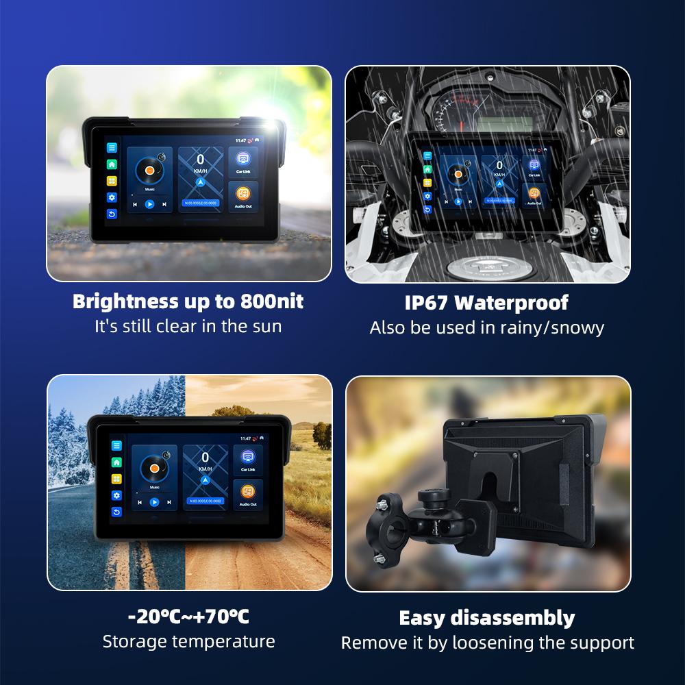 EKIY 7.0" Wireless CarPlay Moto Android Auto Android 13.0 Portable Digital Motorcycle Dashboard GPS Navigation Display Screen