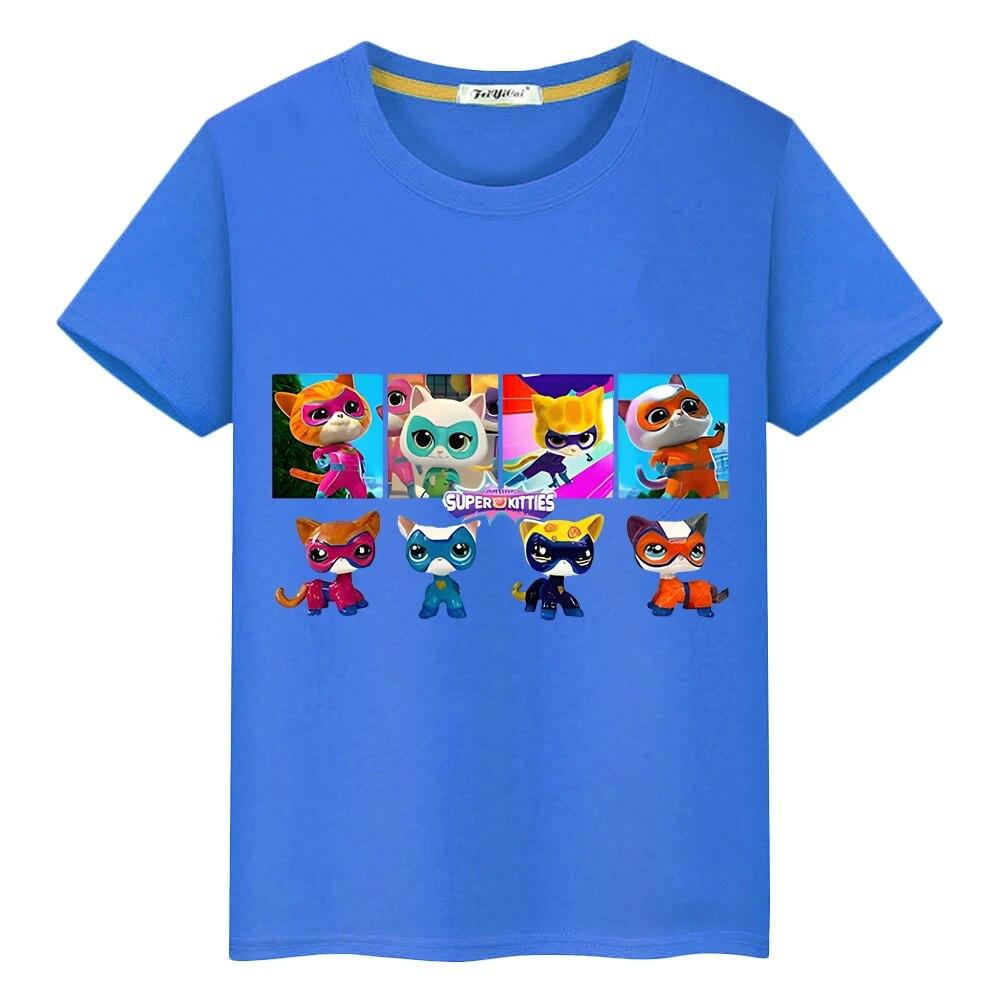 Super Kitties Boys Clothes Summer 100%Cotton T Shirt Y2k One Piece Casual Anime Tees Kawaii Short Print Tops Kids Clothes Girls