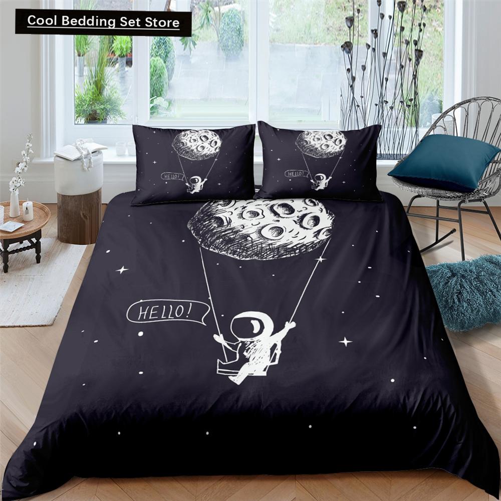 Cartoon Astronaut King Queen Duvet Cover Kawaii Spacecraft Bedding Set for Kids Outer Space Blue 2/3 Pcs Polyester Quilt Cover