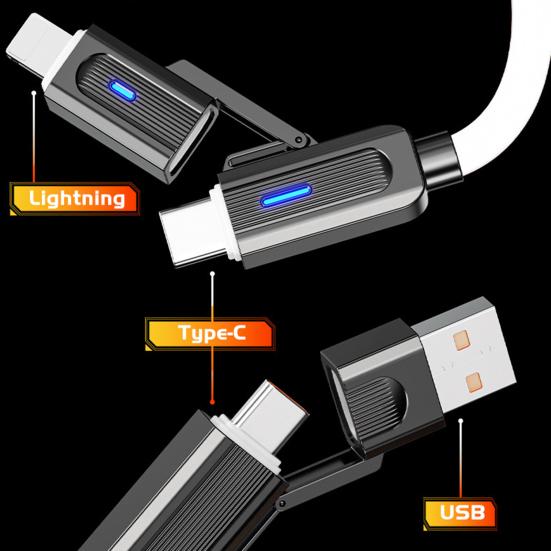 100 см 4-в-1 зарядный кабель USB Type-C 8-контактный 100 Вт 480 Мбит/с для быстрой зарядки мобильного телефона, планшета, силиконовый кабель для передачи данных