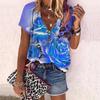 Женский топ, летний новый модный топ с цветком розы, повседневный топ с короткими рукавами и застежкой-молнией с v-образным вырезом и ярким розовым принтом