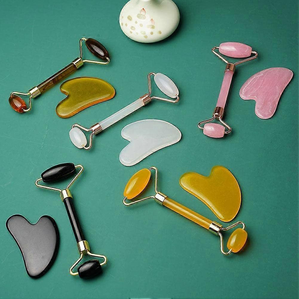 2pcs Jade Facial Massage Roller Guasha Board Gua Sha Scraper Set Face Lifting Up Roller Stone Body Muscle Relaxing and Relieve Massager Beauty Skin Ca