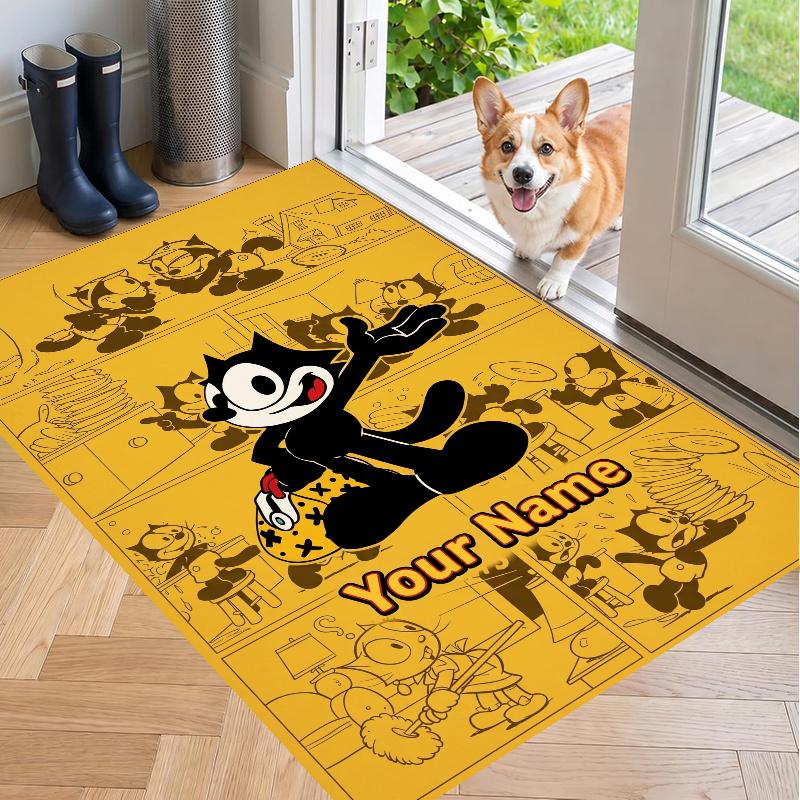 Custom Name Felix the Cat Crystal Velvet Floor Rug Personalized Text Soft Carpet Home Decor