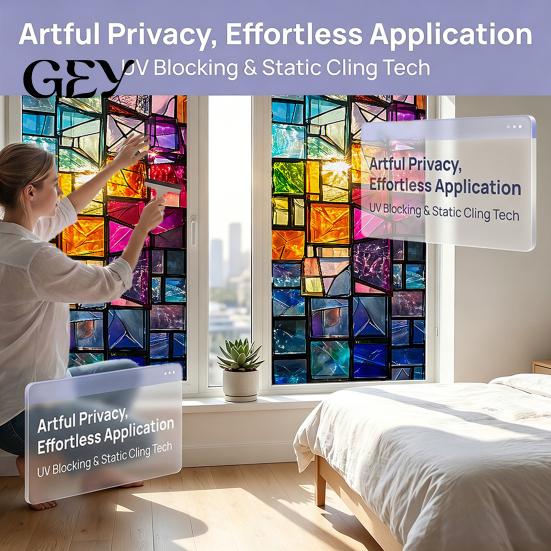 Window Privacy Cover Static Cling Film, Full Blackout, Colorful Geometric UV Glass Sticker Blocking, Reusable Heat Insulation for Home Office