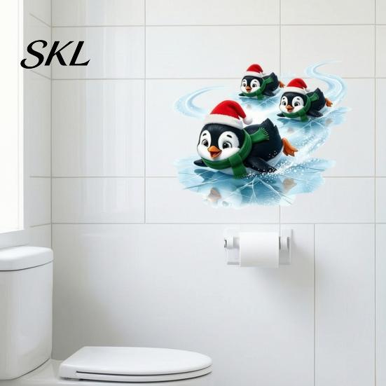 Xmas Wall Decal 1/2 Sheets Christmas Cartoon Penguin Sticker, Waterproof Three Penguins Decorative Decal, Self-Adhesive Animal Bathroom Toilet Sticker
