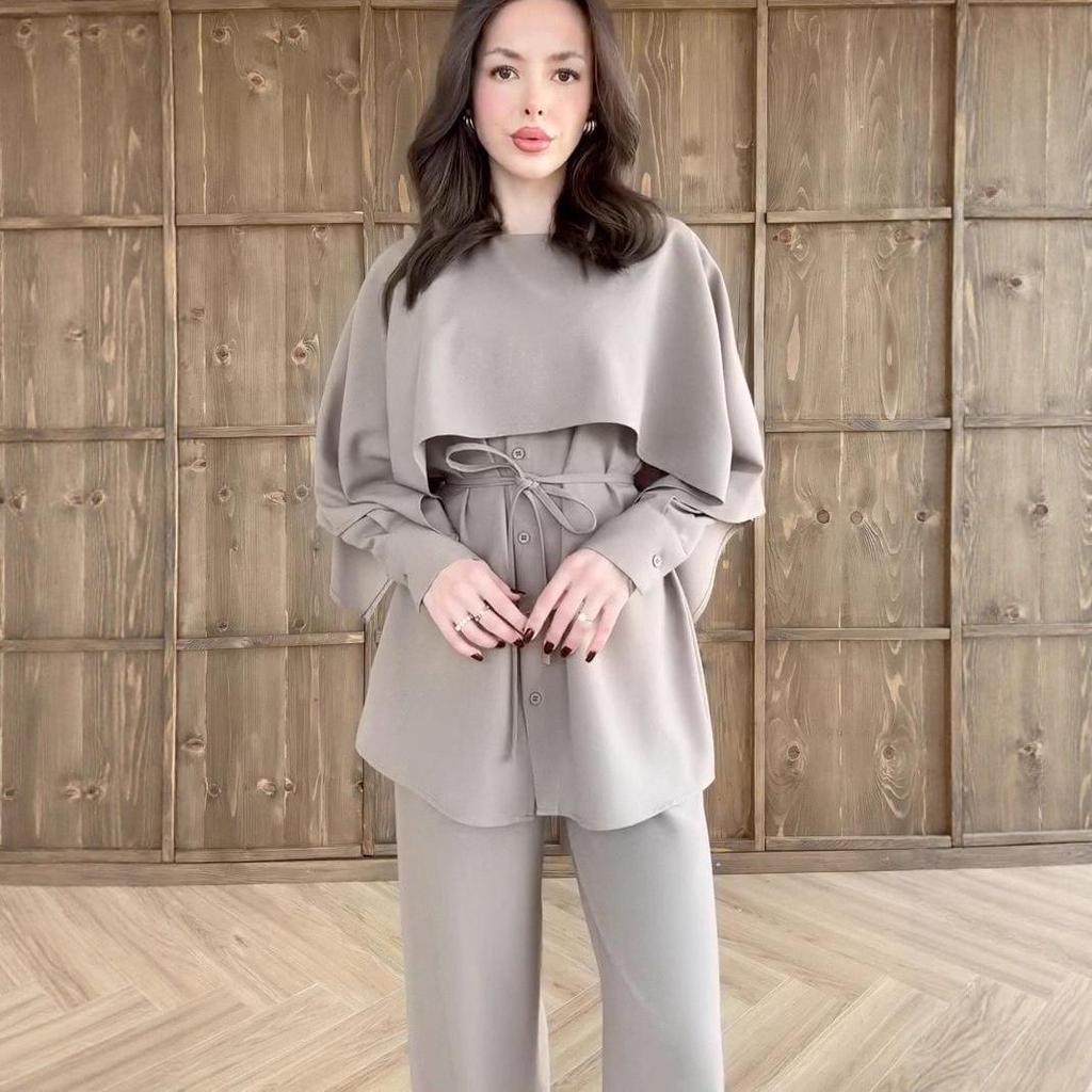 2025 Осень Европейский и Американский Женский Комплект Топ с Длинным Рукавом, Шаль и Брюки с Завязкой на Талии