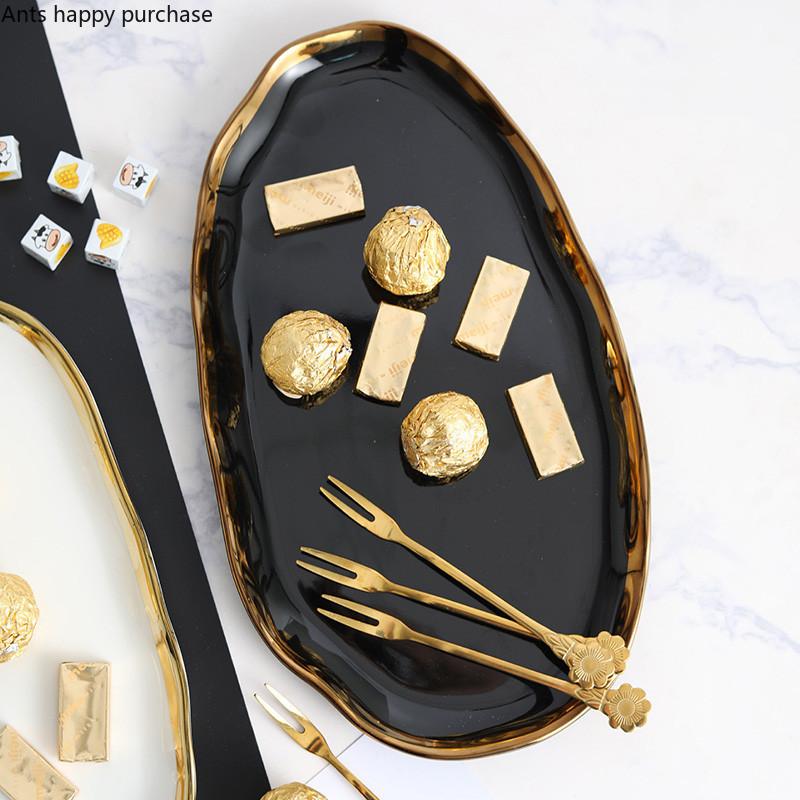 Керамическая тарелка для закусок и конфет, неправильной формы, тарелка для сухофруктов, поднос для хранения для дома и гостиной, декоративный поднос с золотой каймой для кофейного столика