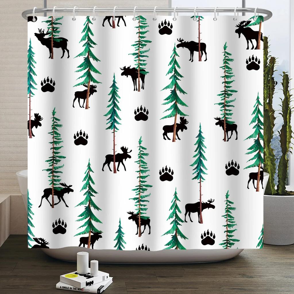 Шторка для душа Лесные животные джунгли Деревья Растения Дикая природа Птица Медведь Лось Лиса Олень Олень Современный Минималистичный Детская Ванная Шторка для душа
