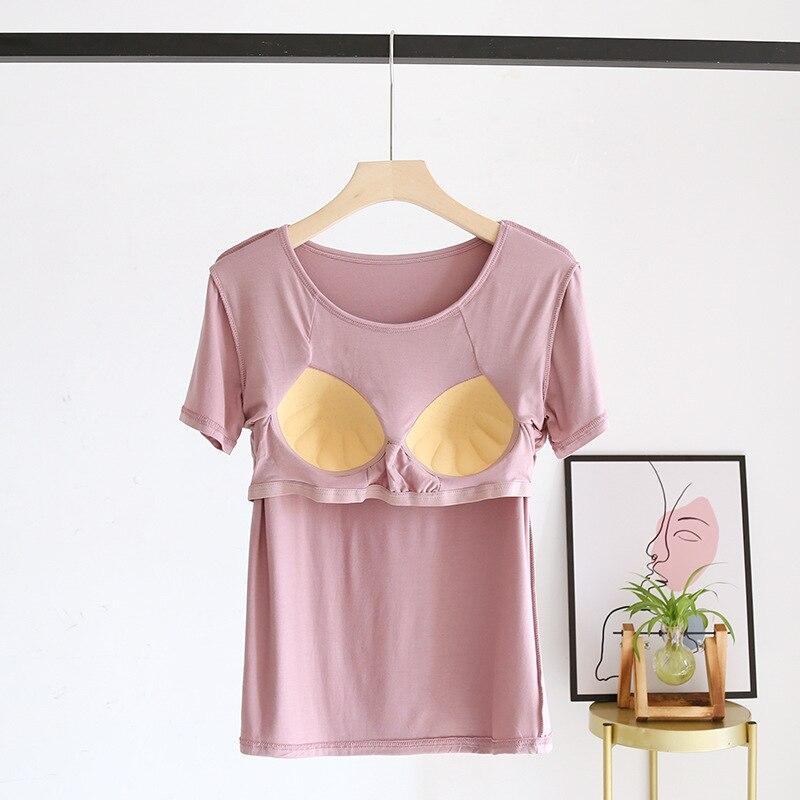 New Summer Ladies Modal Pajamas One Piece Top T-Shirt With Chest Pad Short Sleeve Bottoming Shirt Homewear Sleep Wear Women